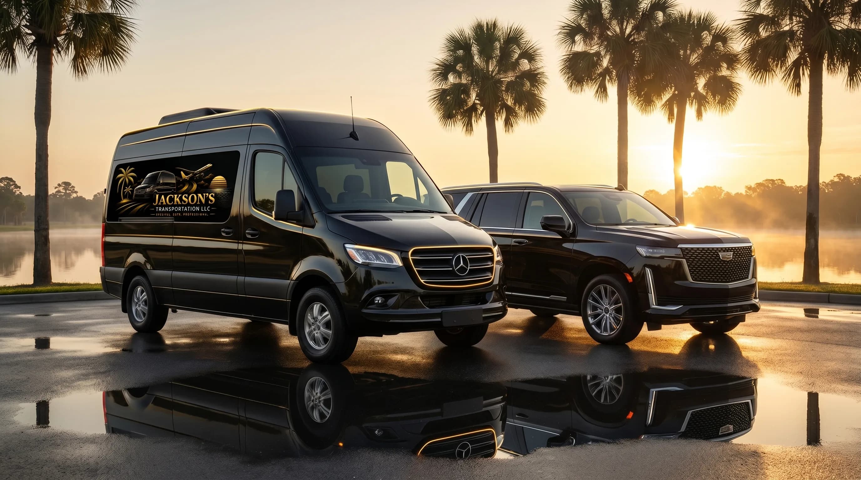 Jackson's Transportation luxury van and SUV at a Central Florida sunset